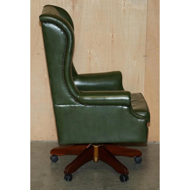 Chesterfield Wingback Swivel Chair in Green Leather For Sale - Image 10 of 18
