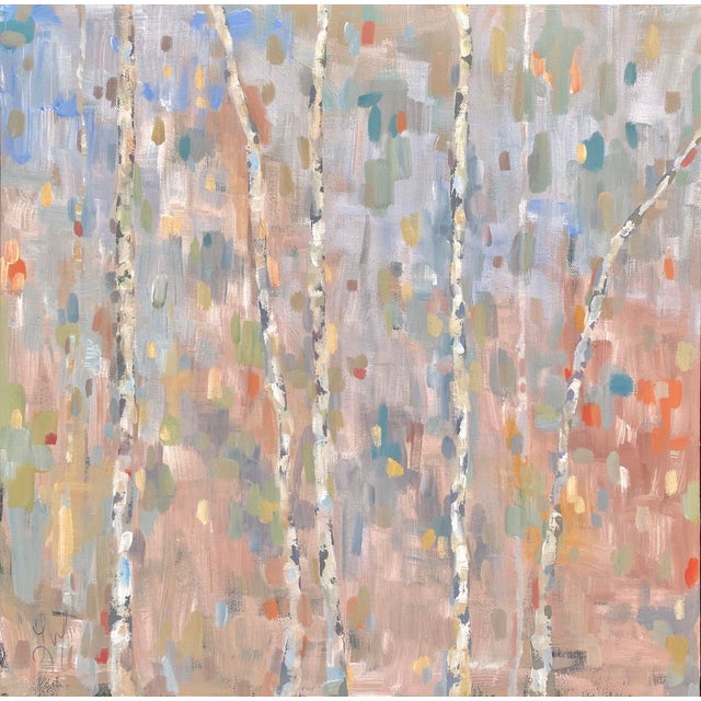 Love Poem by Leigh Ann Van Fossan | Acrylic on Canvas Abstract depiction of birch trees with soft colors. For Sale