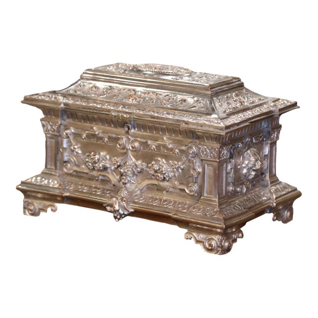 19th Century French Silver Plated Over Bronze Jewelry Box With Repousse Motifs For Sale