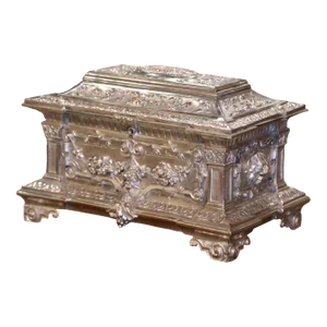 19th Century French Silver Plated Over Bronze Jewelry Box With Repousse Motifs