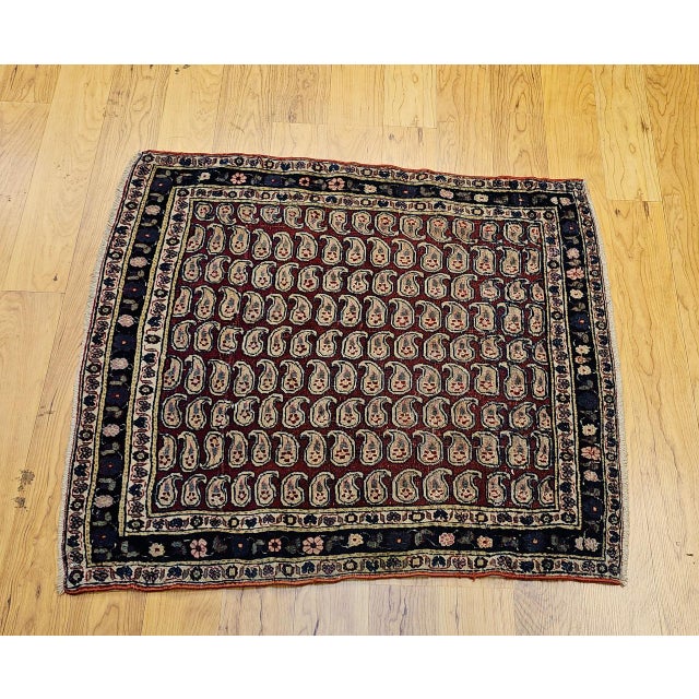 1900 - 1909 Vintage Persian Malayer Area Rug, Hand-Knotted Wool, Allover Paisley Pattern, Red & Navy, 3x3 For Sale - Image 5 of 14