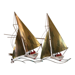 Mid 20th Century Curtis Jere Attributed Metal Wall Sculpture Regatta Sailboats 1986 America Cup Race