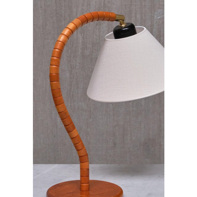 Modern Swedish Markslöjd Table Lamp in Beech, Brass & Linen, Sweden, 1960s For Sale - Image 4 of 15