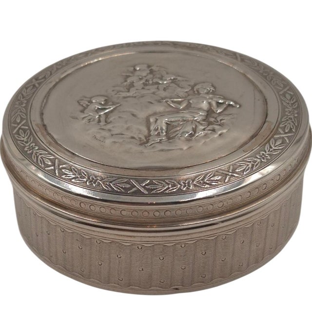 Silver Antique Silver Repoussé Round Trinket Box by Frainier - Cherub & Musician Motif - Circa 1900 - 3" For Sale - Image 8 of 8