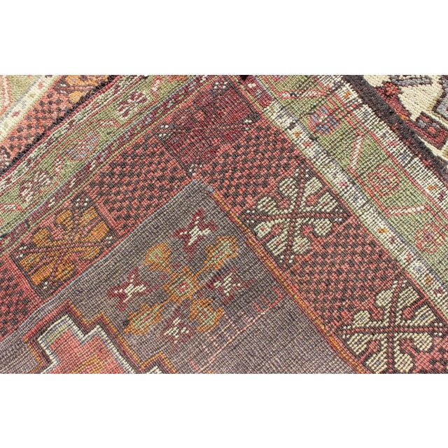 Textile Mid 20th Century Soft Red and Green Vintage Turkish Oushak Rug With Sub-Geometric Dual Medallions For Sale - Image 7 of 8