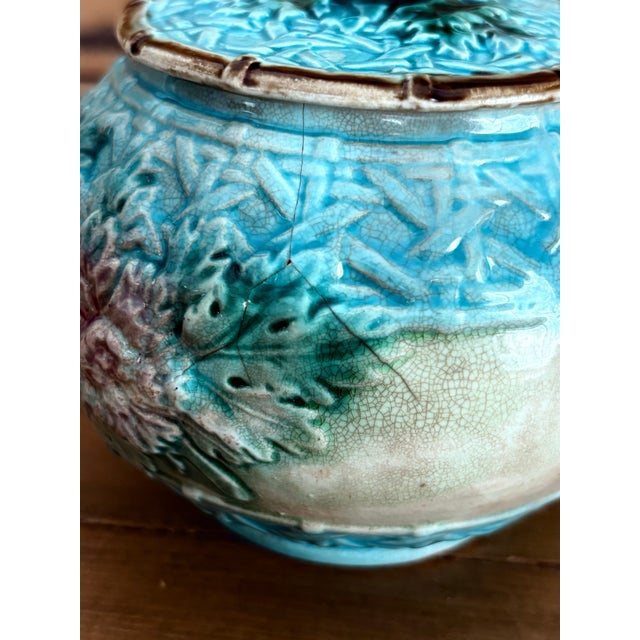 Joseph Holdcroft Vintage Majolica Biscuit Jar With Turquoise Glaze & Floral Relief For Sale - Image 4 of 9