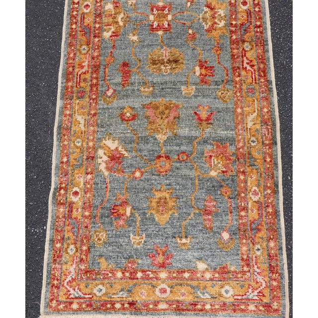 Turkish Angora Oushak Runner With Denim Blue Field and Rust Motifs For Sale - Image 10 of 13