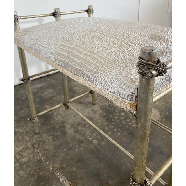 Vintage Maitland-Smith Style Vanity Stool With Metallic Croc Print Upholstery For Sale - Image 11 of 11