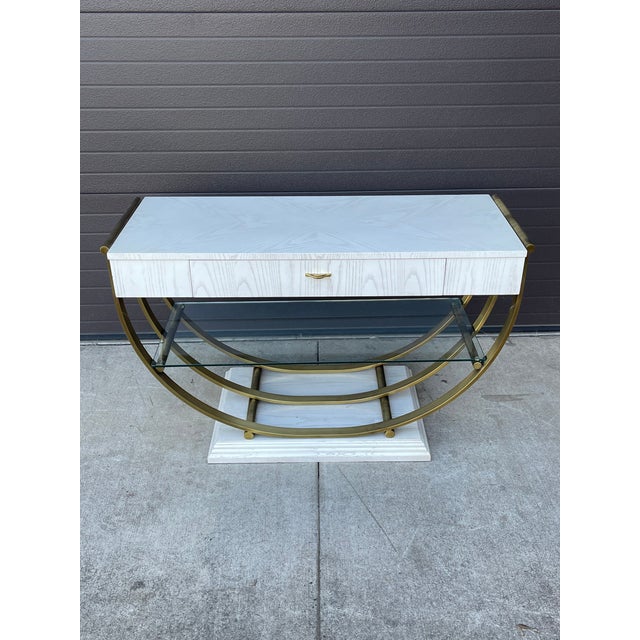 Mid 20th Century Thomasville White Pickled Oak Finish Brass U Shape