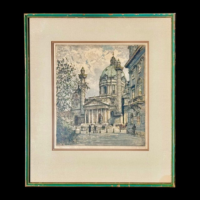 Realism Antique Etching Karlskirche Vienna Baroque Architecture, Signed & Framed For Sale - Image 3 of 9