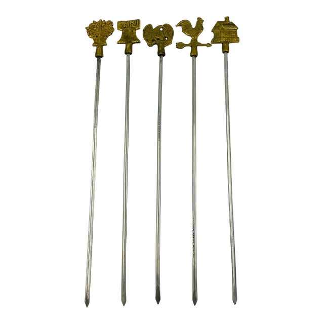 Vintage Mid-Century Americana-Themed Brass & Stainless Steel Skewers- Set of 5 For Sale