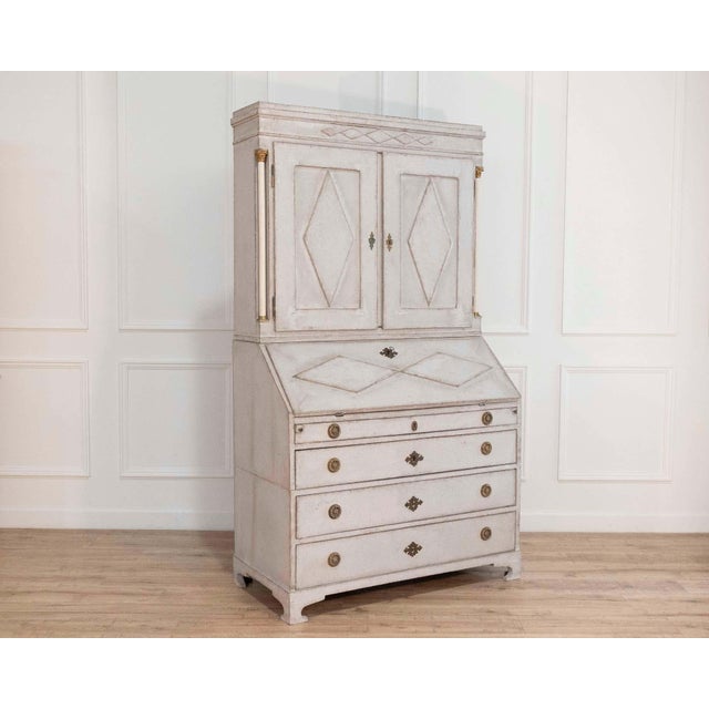 Off-white 18th Century Fine Swedish three-part bureau with charming carvings and marble-painted columns For Sale - Image 8 of 11