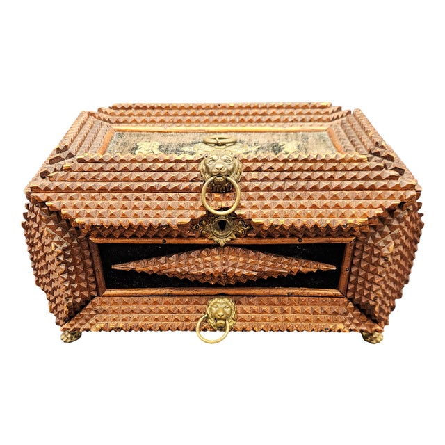 Tramp Art Handcrafted Wood Box For Sale