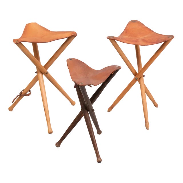 Three Folding Hunting Chairs with Leather Seats, 1960s, Set of 3 For Sale