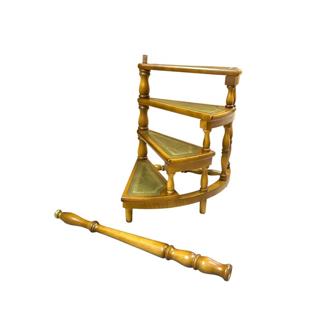 English Vintage English Wood Library Spiral Step Ladder With Green Tooled Leather Tread Insets For Sale - Image 3 of 18