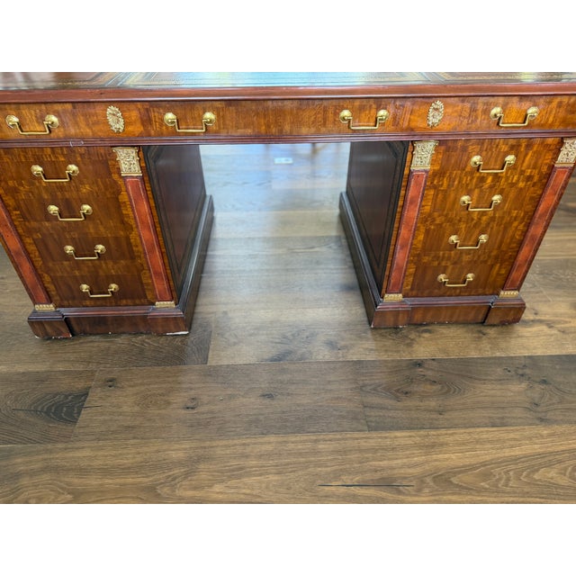 1980s Maitland-Smith Burl Wood Executive Desk With Leather Inset Top – Double Pedestal, Brass Hardware For Sale - Image 17 of 17