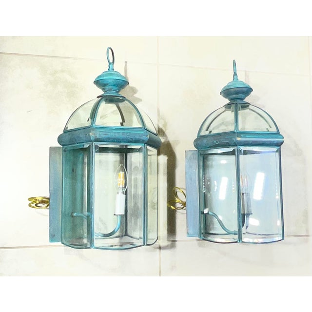 Exquisite Pair of Solid Brass & Verdigris Wall Lanterns For Sale - Image 12 of 17