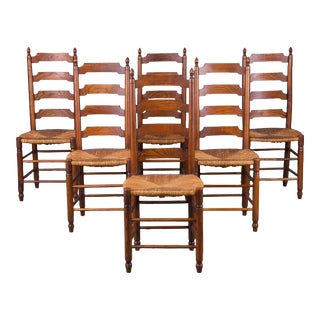 Country French Provincial Ladder Back Oak Dining Chairs W/ Rush Seats - Set of 6 For Sale