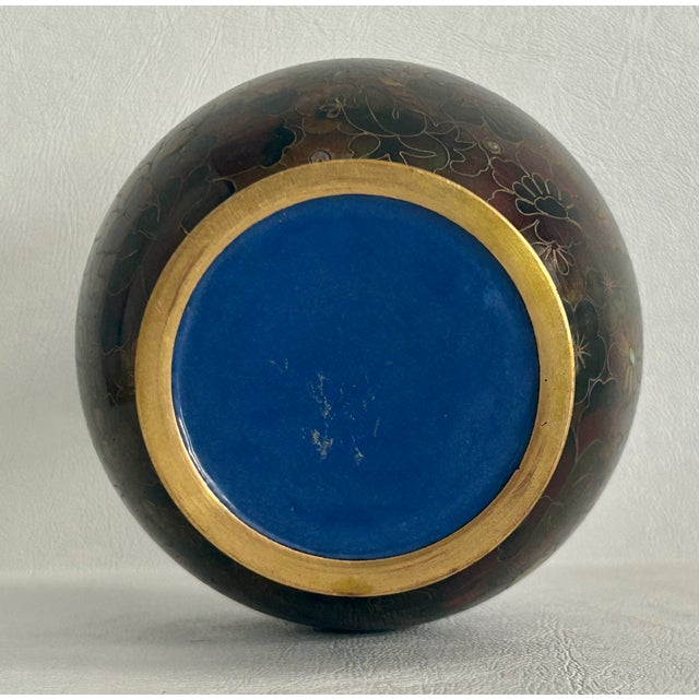 Vintage Cloisonné Vase Earth Tones With Carved Wooden Base For Sale - Image 15 of 16