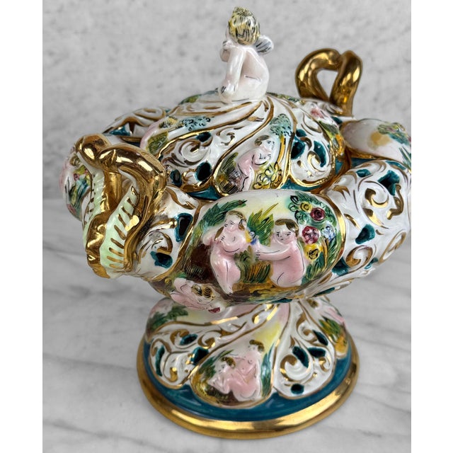 White Vintage Italian Capodimonte Porcelain Cherub Double Handle Pedestal Bowl W/ Lid For Sale - Image 8 of 10