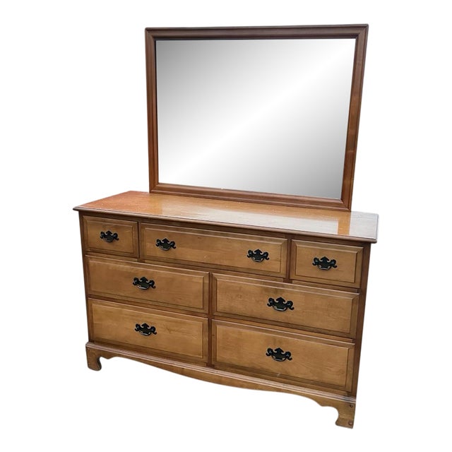 Vintage Maple Colonial-Style Dresser & Mirror by KPL (1970s, Taiwan) For Sale