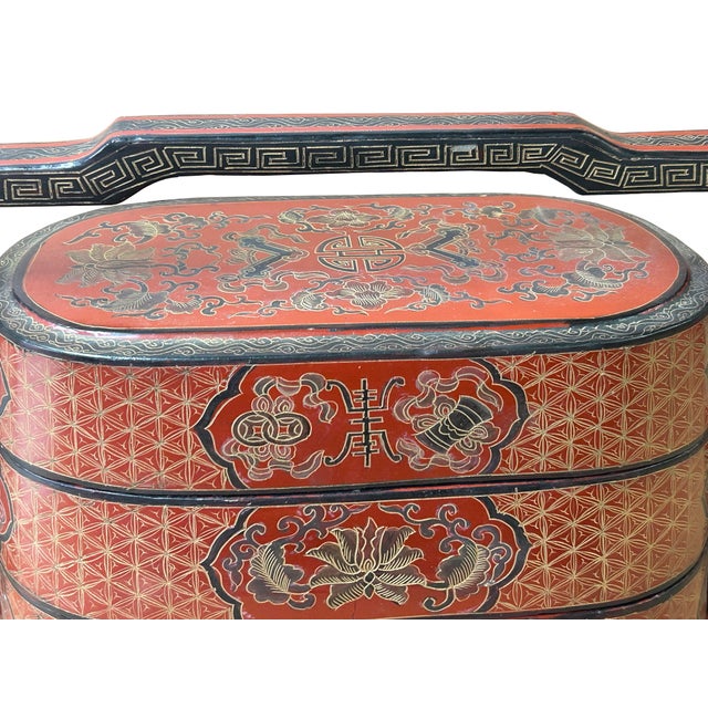 Chinese Brick Red Lacquer Color Treasure Graphic Stack Box Basket ...