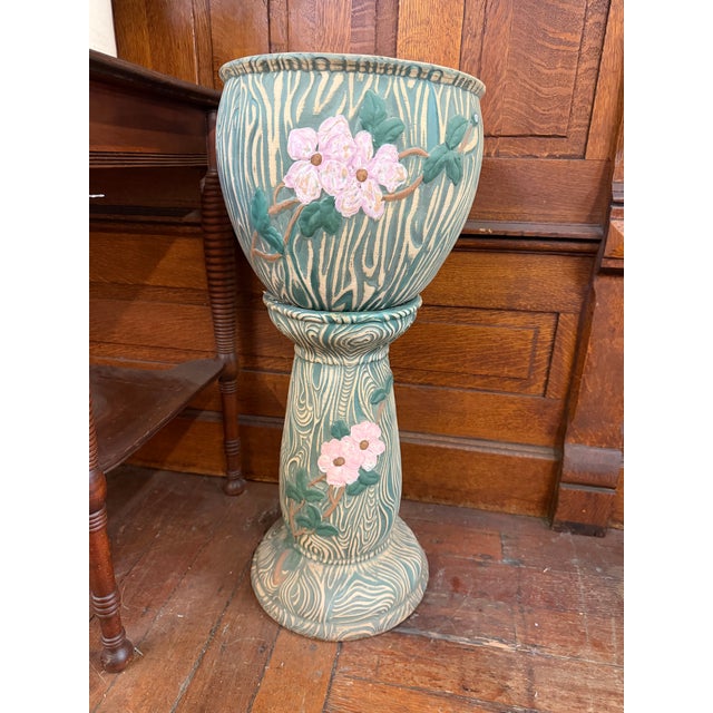 Ceramic 1940s Art Nouveau-Style Floral Jardinière on Pedestal For Sale - Image 7 of 8