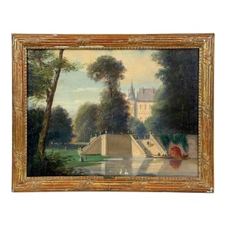 Antique French Chateau Landscape Oil Painting in Gilt Frame, Late 19th Century For Sale
