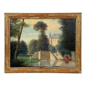 Antique French Chateau Landscape Oil Painting in Gilt Frame, Late 19th Century
