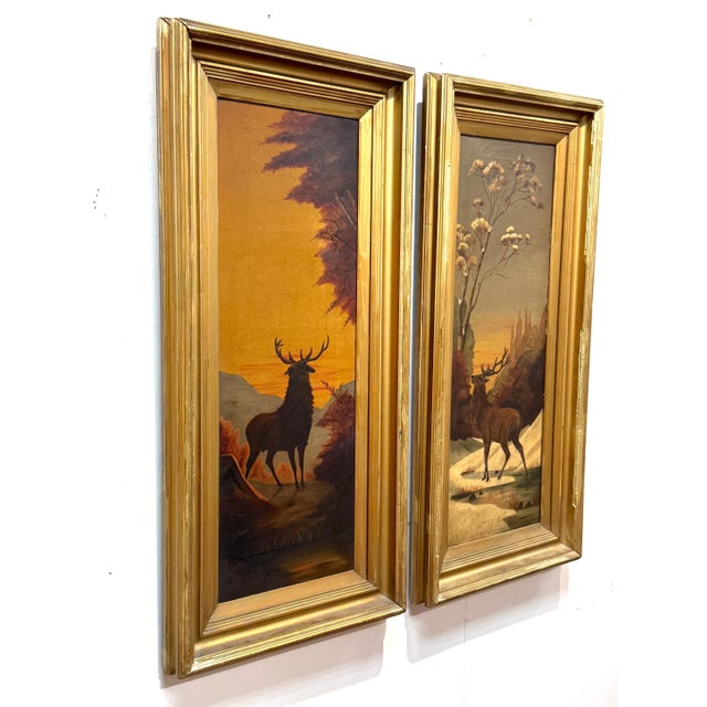 Pair American Sporting Paintings Elk & White-Tailed Deer Buck, Signed A. Crozier For Sale - Image 11 of 18