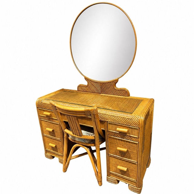 Art Deco Restored Art Deco Stick Reed Rattan Vanity W/ Round Mirror & Stool For Sale - Image 3 of 17