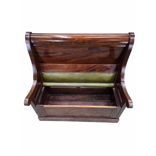 Vintage Colonial Revival Mahogany Storage Bench With Olive Green Seat For Sale In Chicago - Image 6 of 9