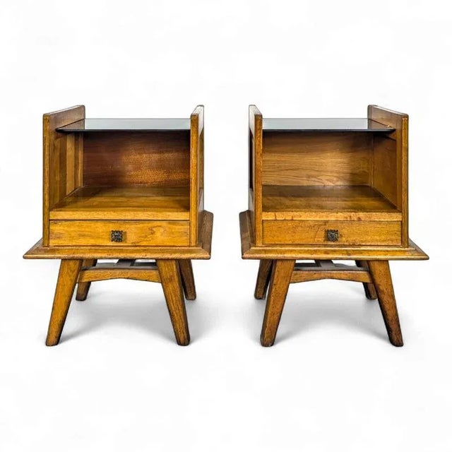 Brown Bedside Tables in Oak and Opaline, 1940s, Set of 2 For Sale - Image 8 of 8