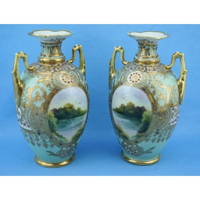 Traditional 20th Century Empire Japanese Porcelain Vases with Gold Moriage Decoration, Noritake, 1890s, Set of 2 For Sale - Image 3 of 18