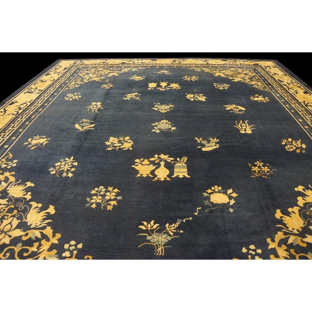 1890s Blue Field Classic Greek Key Antique Chinese Peking Rug 13' 9'' X15' 3'' For Sale - Image 4 of 10