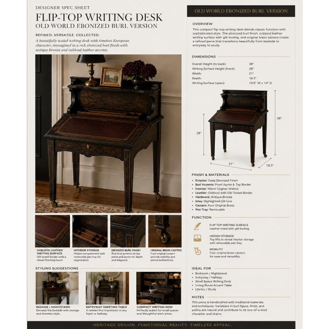 English Mid 20th Century Old World Ebonized Burl Flip-Top Writing Desk / Designer Bedside Table With Oxblood Leather For Sale - Image 3 of 4