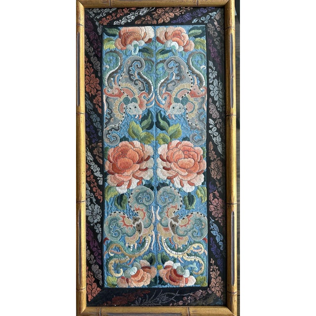 A pair of framed antique Chinese embroidery textile panels circa 19th century of Qing Dynasty. Each piece features two...