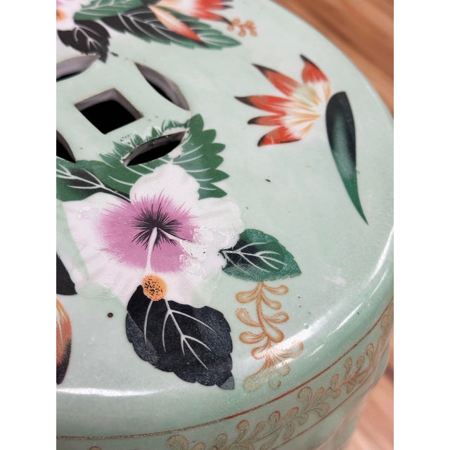Vintage Chinoiserie Mint Green Floral Motif Garden Stool For Sale - Image 9 of 9