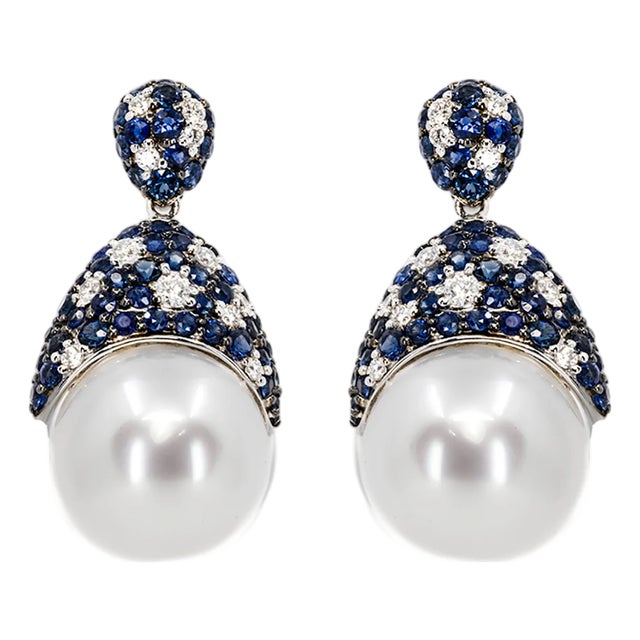 Late 20th Century Pair of South Sea Pearl & Sapphire Earrings For Sale