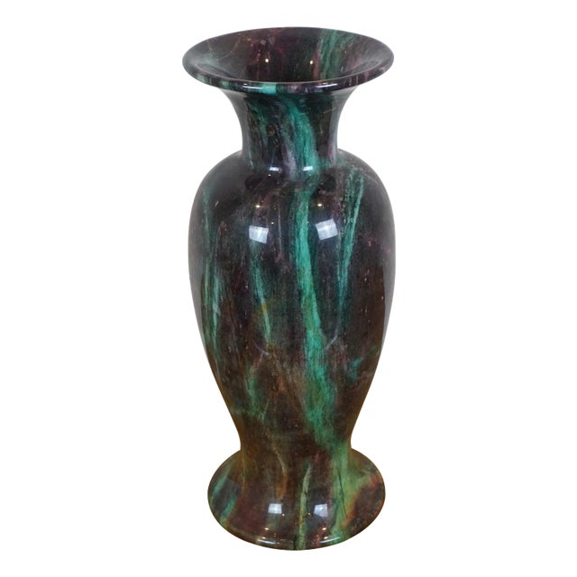 Vintage Chinese Purple Green Carved Jade Marble Mantel Urn Vase For Sale