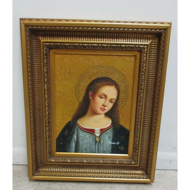 1980s Small Gold Gilt Carved Framed Religious Woman Bust Oil Painting For Sale - Image 9 of 11