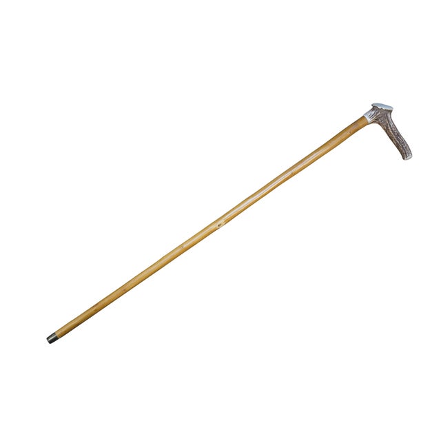 Vintage wooden walking stick / cane with a polished branch shaft, metal ferrule, no collar, and topped with an L shaped...