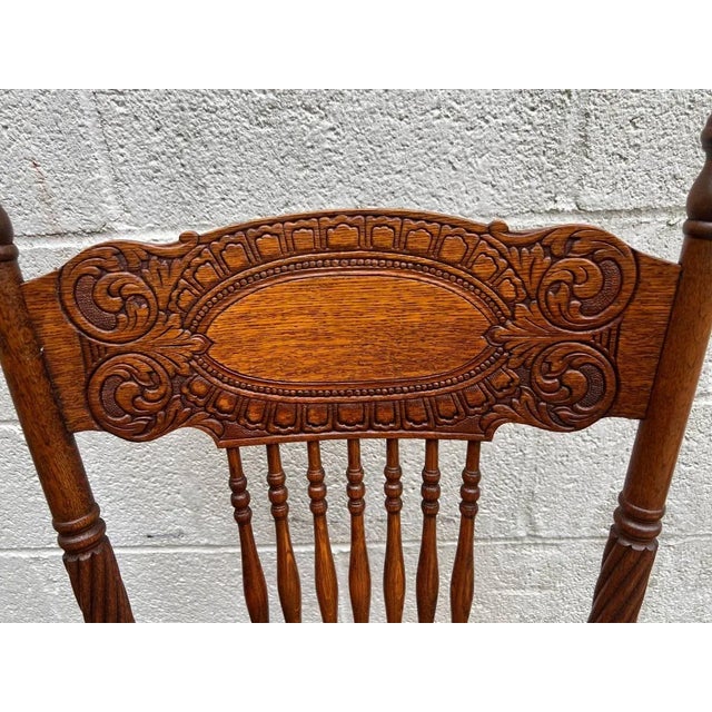 Early 20th Century Set of 8 Antique Oak Press Back Cane Seat Dining Chairs For Sale - Image 10 of 13