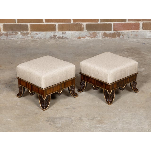 Brown Pair of English Regency 19th Century Footstools with Carved Feet and Gilt Trim For Sale - Image 8 of 11
