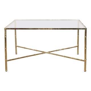 Italian Midcentury Brass Coffee Table with Glass Top and X-Form Cross Stretcher For Sale
