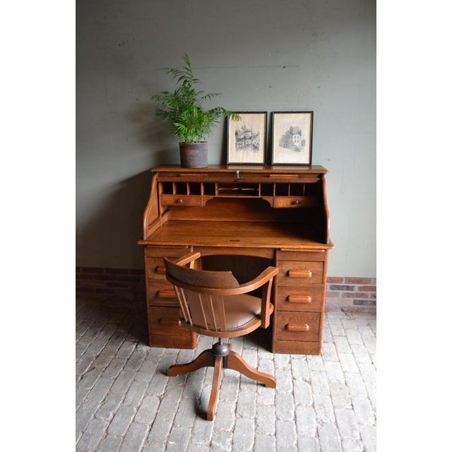 Antique Oak Roll-Up Desk and Office Chair, Set of 2 For Sale - Image 17 of 17