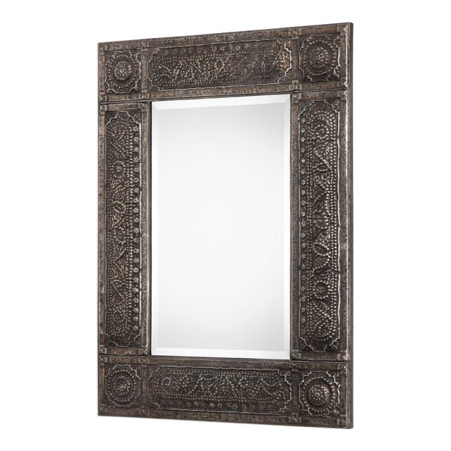 This embossed metal frame is finished in a heavily antiqued rust gray wash with silver undertones and black distressing....