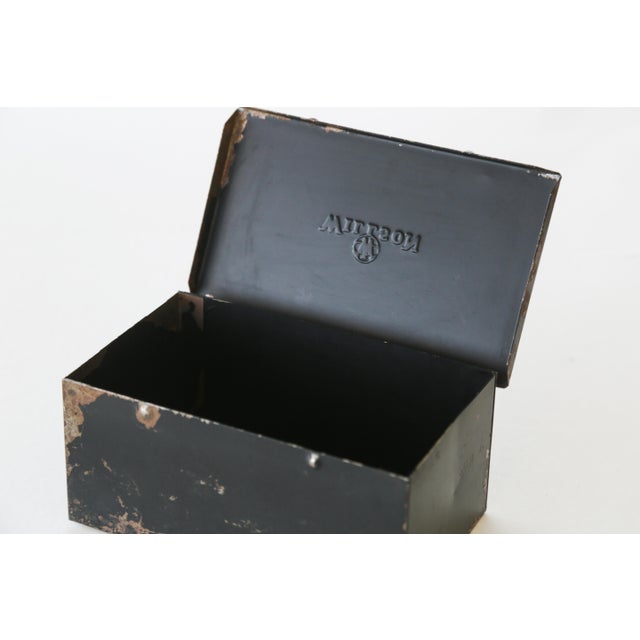 30s Vintage Industrial Metal Steel Tool Box With Rusty Patina and Chipping Black Paint For Sale - Image 10 of 17