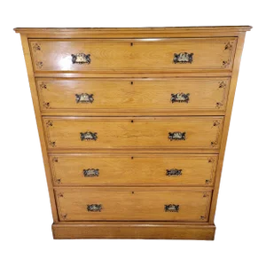 Antique 5 Drawer Chest of Drawers With Hand Painted Decorations and Beautiful Metal Hardware From England - Circa 1890