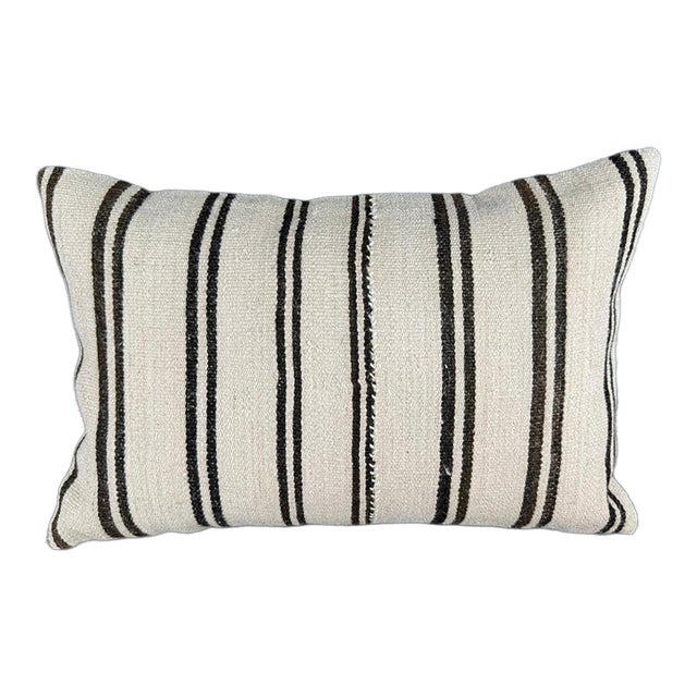 Turkish Hemp Pillow Cushion Natural Beige Black Pillow Cushion Cover 16" x 24" For Sale